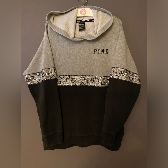 VS PINK VINTAGE BOYFRIEND HOODIE SWEATSHIRT BLACK GRAY COLORBLOCK AZTEC BLING SM - Picture 1 of 9